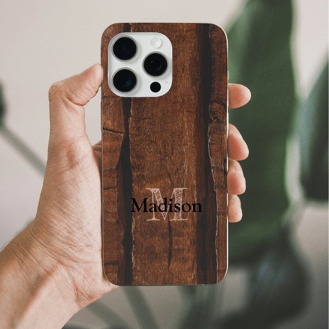 Coques Case-Mate iPhone Monogramme de bois ancien brun foncé rustique (Créateur téléchargé)