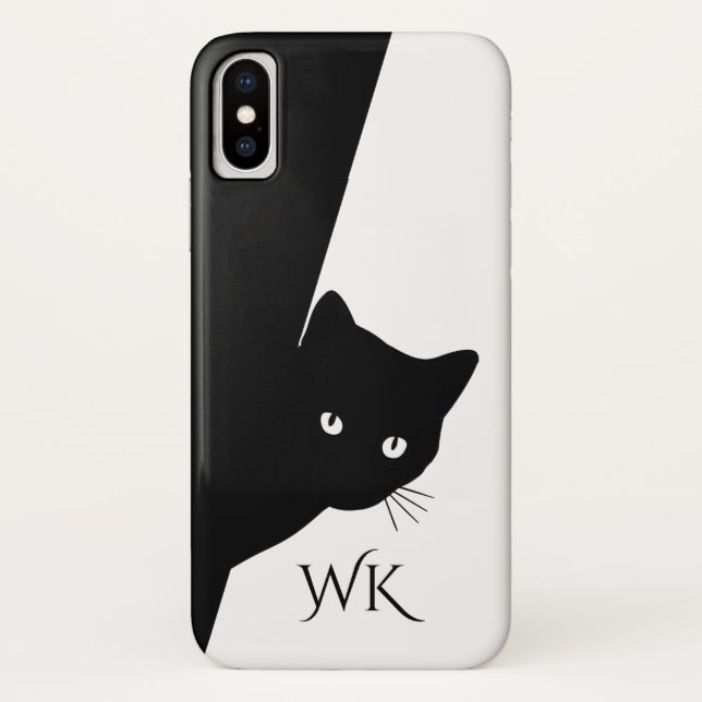 Coques Case-Mate iPhone Monogramme de chat noir rusé (Dos)