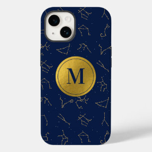 Coque Pour iPhone 14 Monogramme de constellations de Zodiac bleu or et
