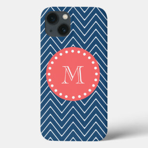 iPhone 13 Coque Monogramme de corail du motif   de Chevron de bleu