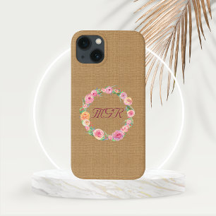 Case-Mate iPhone Case Monogramme de couronne de Rose rustique sur Burlap
