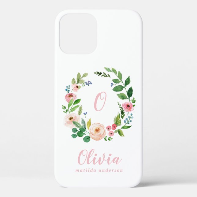 Coques Case-Mate iPhone monogramme de courre florale d'aquarelle rose pâle (Verso)