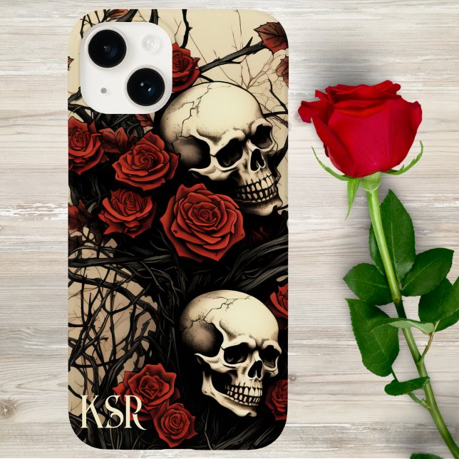 Coques Case-Mate iPhone Monogramme de crâne gothique et de roses rouges (Créateur téléchargé)
