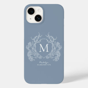 Coque Pour iPhone 14 Monogramme de crête florale bleu foncé classique