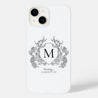 Monogramme de crête florale noir et blanc classiqu