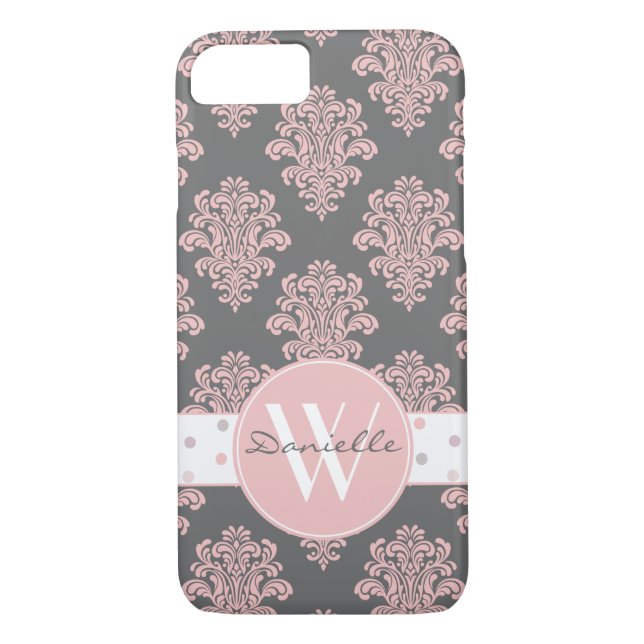 Coques Case-Mate iPhone Monogramme de Damas rose Fille (Dos)