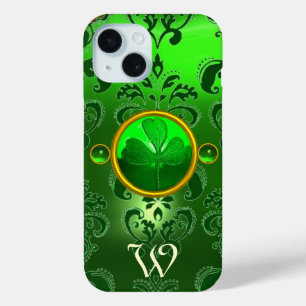 COQUE POUR iPhone 15 MONOGRAMME DE DAMASK VERT SHAMROCK DE SAINT PATRIC