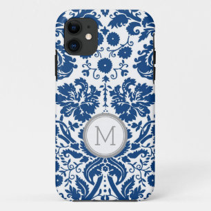 Coques Pour iPhone monogramme de damassé de bleu marine d'iPhone5s
