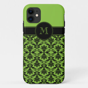 Coque Case-Mate Pour iPhone monogramme de damassé de noir de vert de chaux