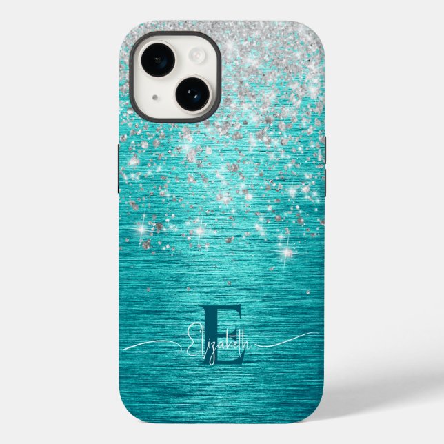 Coques Case-Mate iPhone Monogramme de fausse parties scintillant Turquoise (Verso)