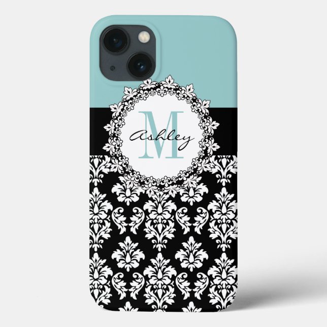 Coques Case-Mate iPhone Monogramme de Fleur de Lis Damask de noir bleu (Verso)