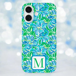 Coque Pour iPhone 16 Monogramme de fleurs bleues preppy