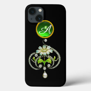 iPhone 13 COQUE MONOGRAMME DE FLEURS D'ÉNAMILE BLANC, DE PERLES ET