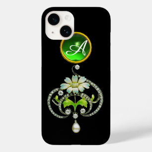 COQUES POUR iPhone MONOGRAMME DE FLEURS D'ÉNAMILE BLANC, DE PERLES ET