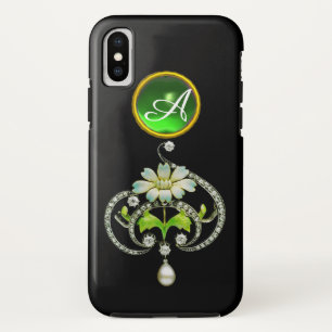 COQUE Case-Mate POUR iPhone MONOGRAMME DE FLEURS D'ÉNAMILE BLANC, DE PERLES ET