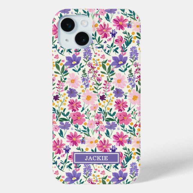 Coques Case-Mate iPhone Monogramme de fleurs ditsy rose et violet (Verso)