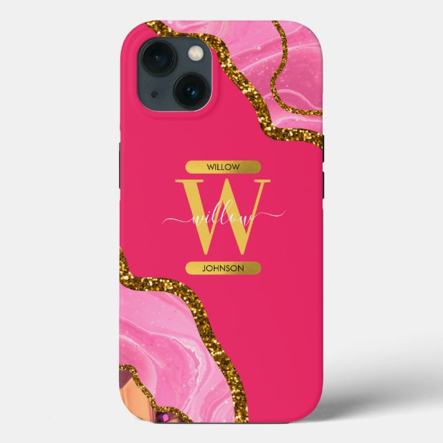Coques Case-Mate iPhone Monogramme de géode rose et or (Verso)