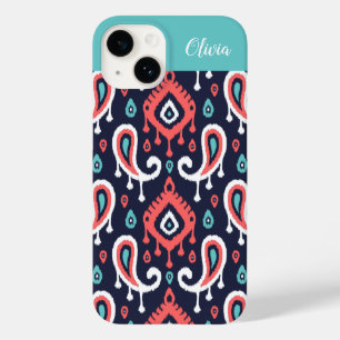 Coque Pour iPhone 14 Monogramme de la marine et du corail Ikat Paisley