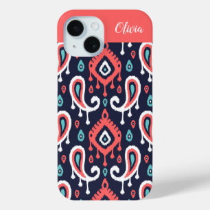 Coque Pour iPhone 15 Monogramme de la marine et du corail Ikat Paisley