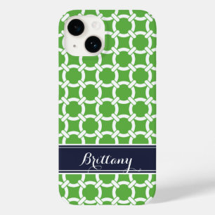 Coque Pour iPhone 14 Monogramme de liens de Preppy Green et Navy