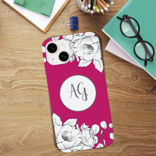 Coque Pour iPhone 14 Monogramme de magenta à la floraison blanche