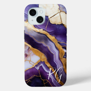 Coque Pour iPhone 15 Monogramme de marbre Abstrait violet or