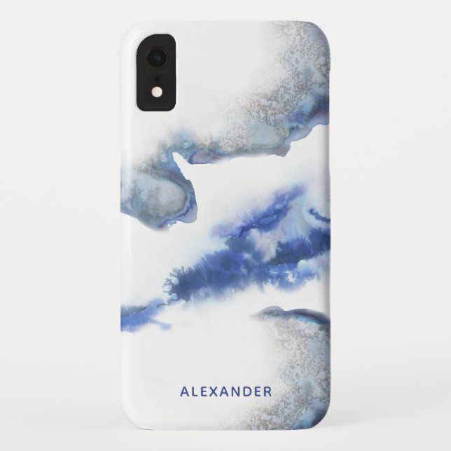 Coques Case-Mate iPhone Monogramme de marbre d'Ombre d'aquarelle bleue (Dos)