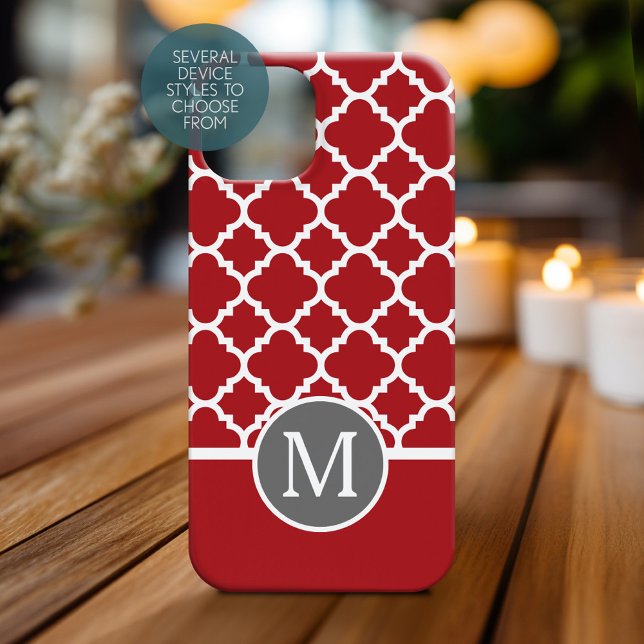 Coques Case-Mate iPhone Monogramme de Motif géométrique rouge et gris (Personalized Phone Case with Monogram)