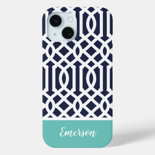 Coque Pour iPhone 15 Monogramme de Navy et Aqua Trellis