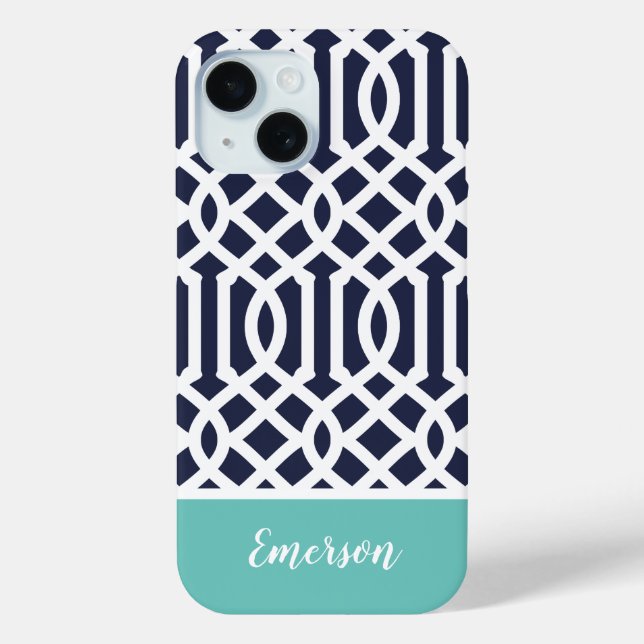 Coques Case-Mate iPhone Monogramme de Navy et Aqua Trellis (Verso)