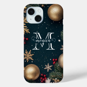Coque Pour iPhone 15 Monogramme de Noël élégant bleu foncé