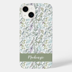 Coque Pour iPhone 14 Monogramme de nom aquarelle botanique bleu vert