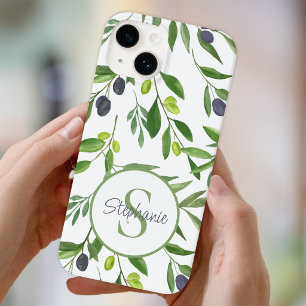 Coque Pour iPhone 14 Monogramme de nom motif olive aquarelle verte