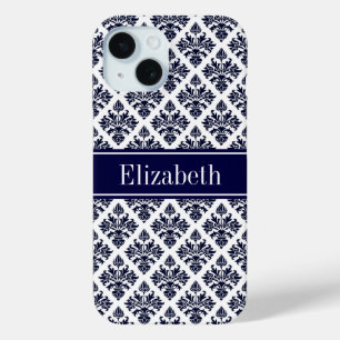 Coque Pour iPhone 15 Monogramme de nom Navy personnalisé en damassé ble