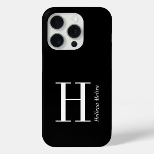 Coque iPhone 15 Pro Monogramme de nom noir et blanc moderne