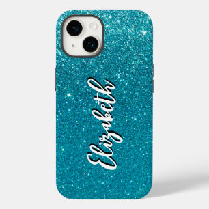 Coque Pour iPhone 14 Monogramme de Parties scintillant Turquoise Faux W