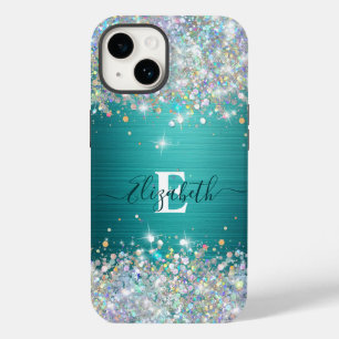 Coque Pour iPhone 14 Monogramme de Parties scintillant Turquoise modern