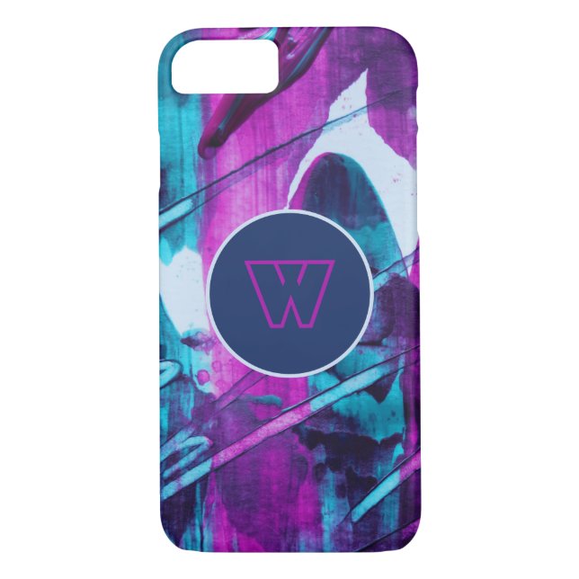 Coques Case-Mate iPhone Monogramme de pinceau bleu rose Abstrait moderne (Dos)
