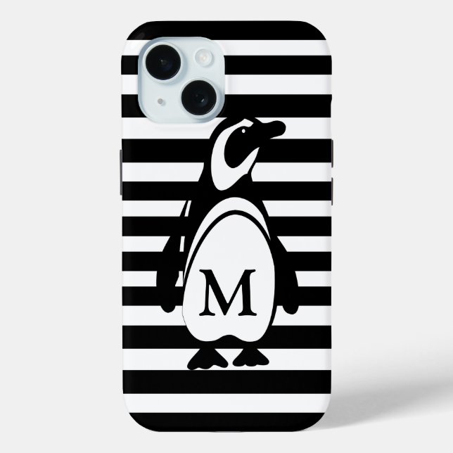 Coques Case-Mate iPhone Monogramme de pingouin noir et blanc et rayures (Verso)