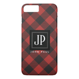 Coque iPhone 7 Plus Monogramme de plaid de Buffalo rouge et noir