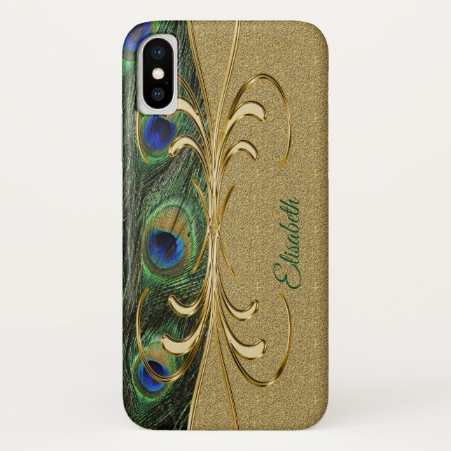 Coques Case-Mate iPhone Monogramme de plume Peacock Or moderne (Dos)