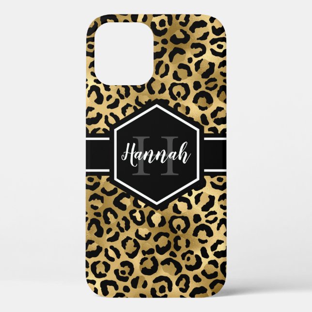 Coques Case-Mate iPhone Monogramme de points de léopard noir or (Verso)
