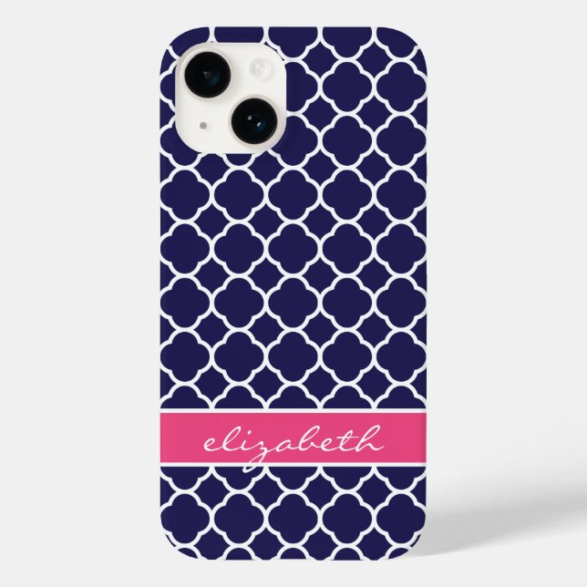 Coques Case-Mate iPhone Monogramme de Quatrefoil bleu et rose de la Marine (Verso)