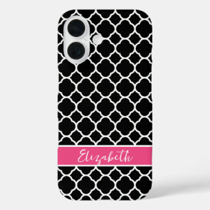 Coques iPhone 16 Monogramme de Quatrefoil moderne noir et rose