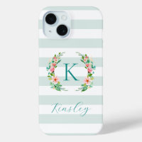 Monogramme de rayures florales et de menthe Paradi