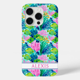 Coque iPhone 15 Pro Monogramme de récif corallien à l'aquarelle