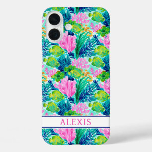 Coques iPhone 16 Plus Monogramme de récif de corail à l'aquarelle