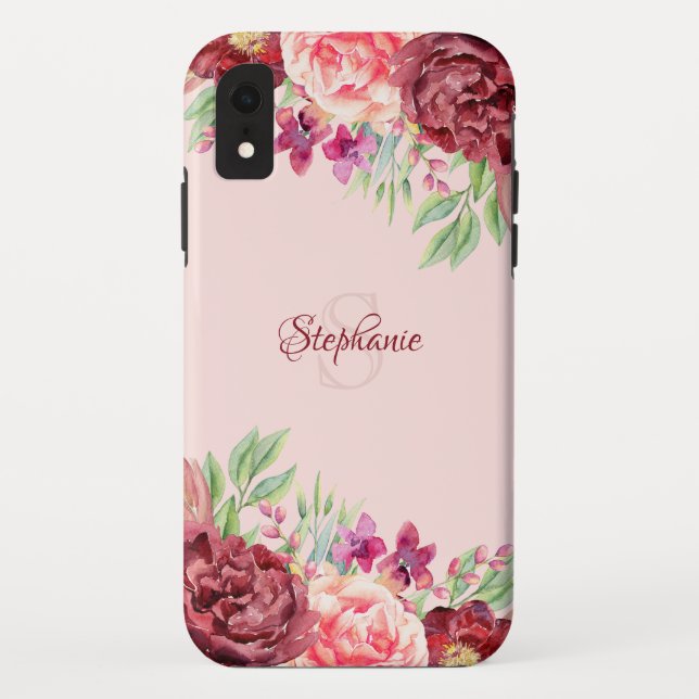 Coques Case-Mate iPhone Monogramme de Rose Floral Burgundy Peach Blush (Dos)