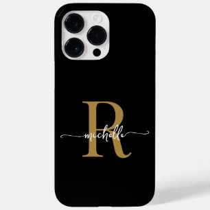 Coque Pour Pour iPhone 14 Pro Max Monogramme de script en or noir moderne et élégant