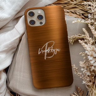 Coque Pour iPhone 15 Monogramme de script métallique brossé orange brûl